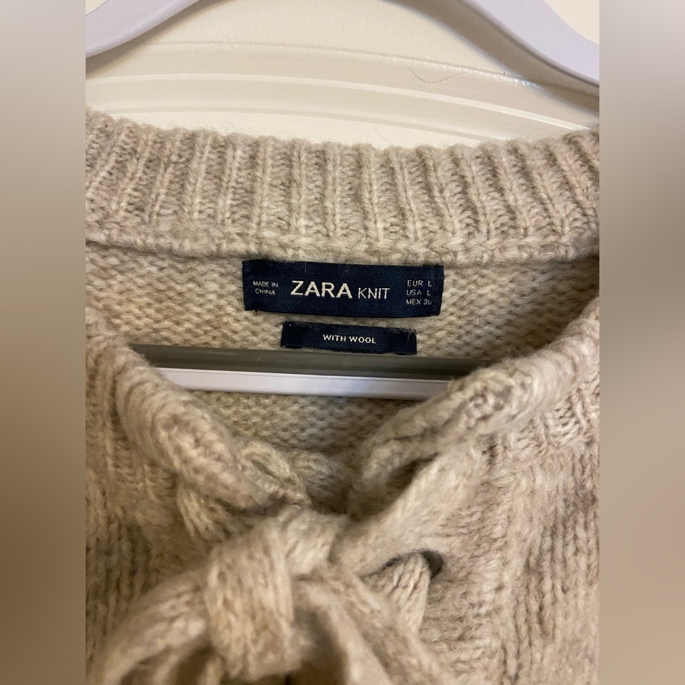 ZARA women’s Knit Wool/Acrylic Boxy Tie Front Pullover Sweater Size L Cream - Picture 3 of 5